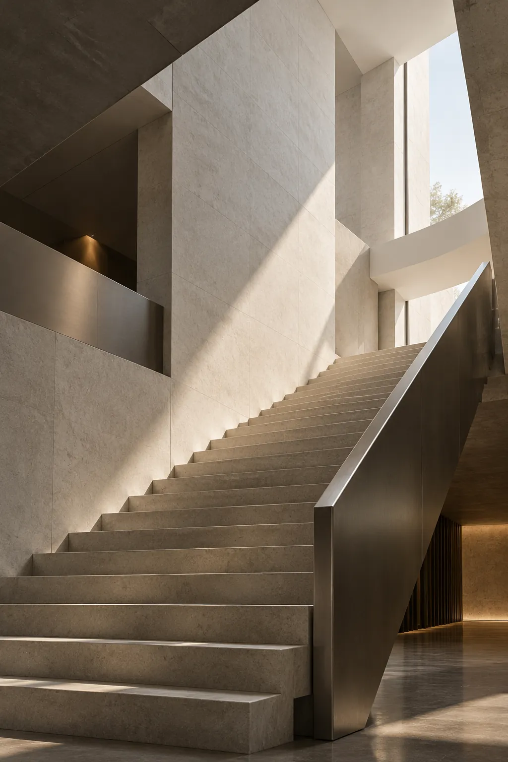 Architectural concept: a sculptural stairway rising into soft daylight
