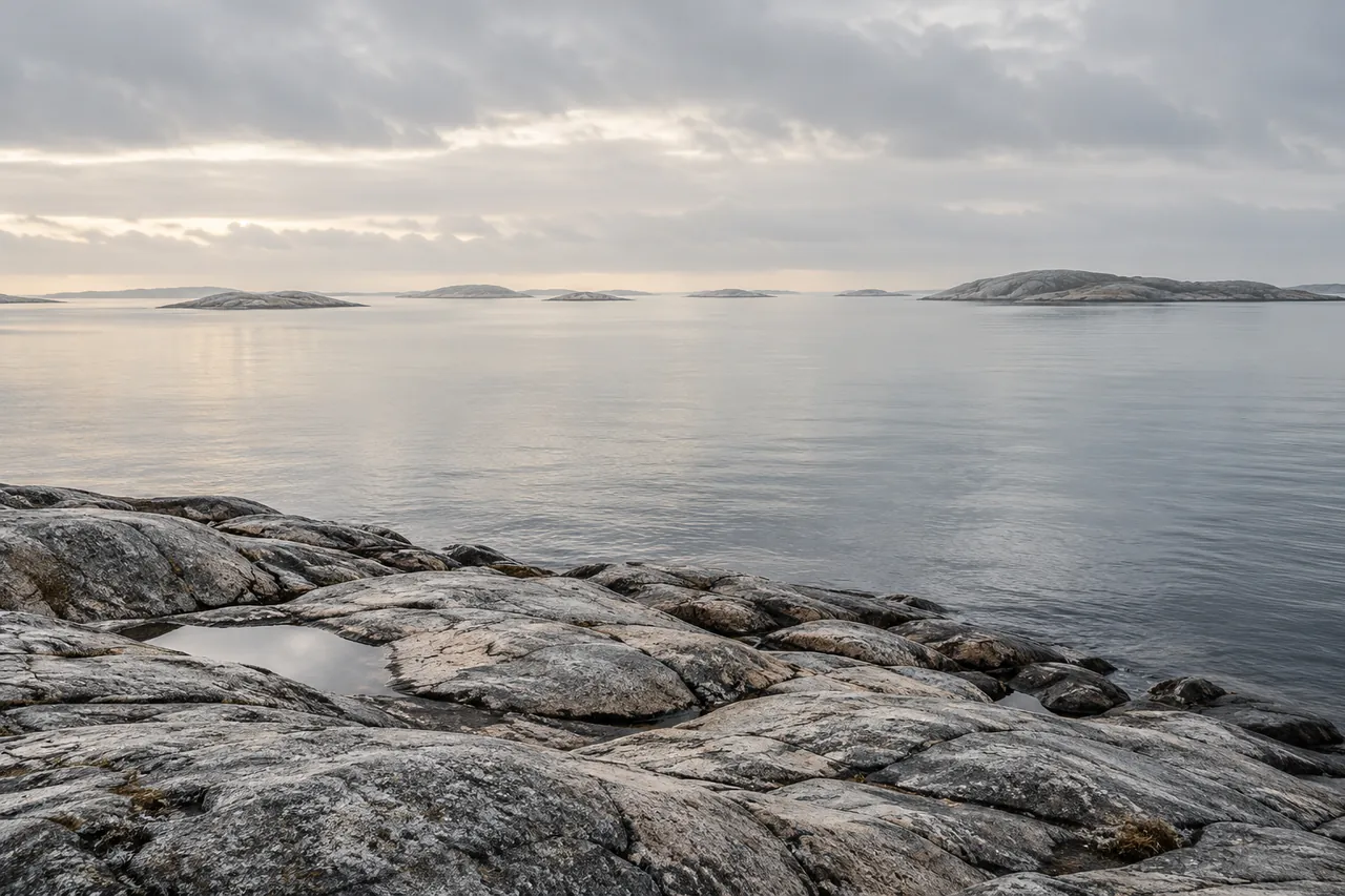 Nordic coastal concept: pale granite, calm water and a quiet horizon