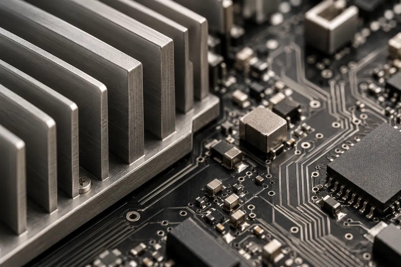 Conceptual close-up of precision circuitry and brushed metal components